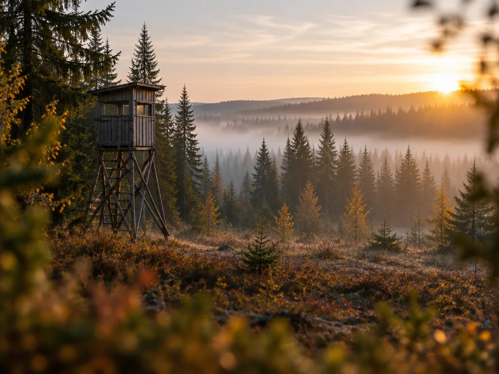 Jakttorn vid en glänta i höstig granskog med morgondimma