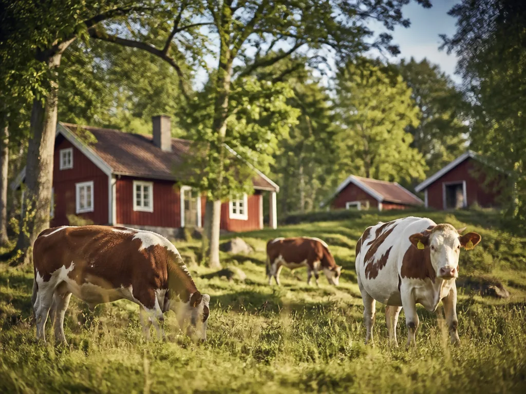 Röda timmerstugor på en fäbodvall i skogen med betande kor på sommaren