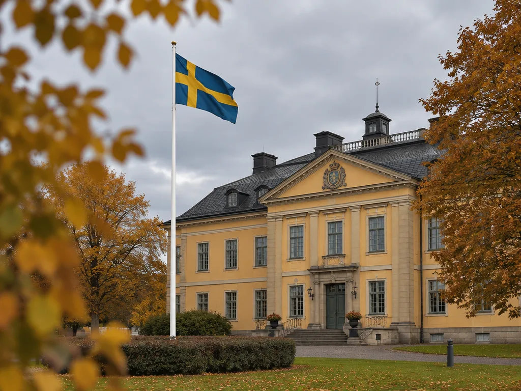 Gult stenresidens med svensk flagga framför, omgivet av höstträd