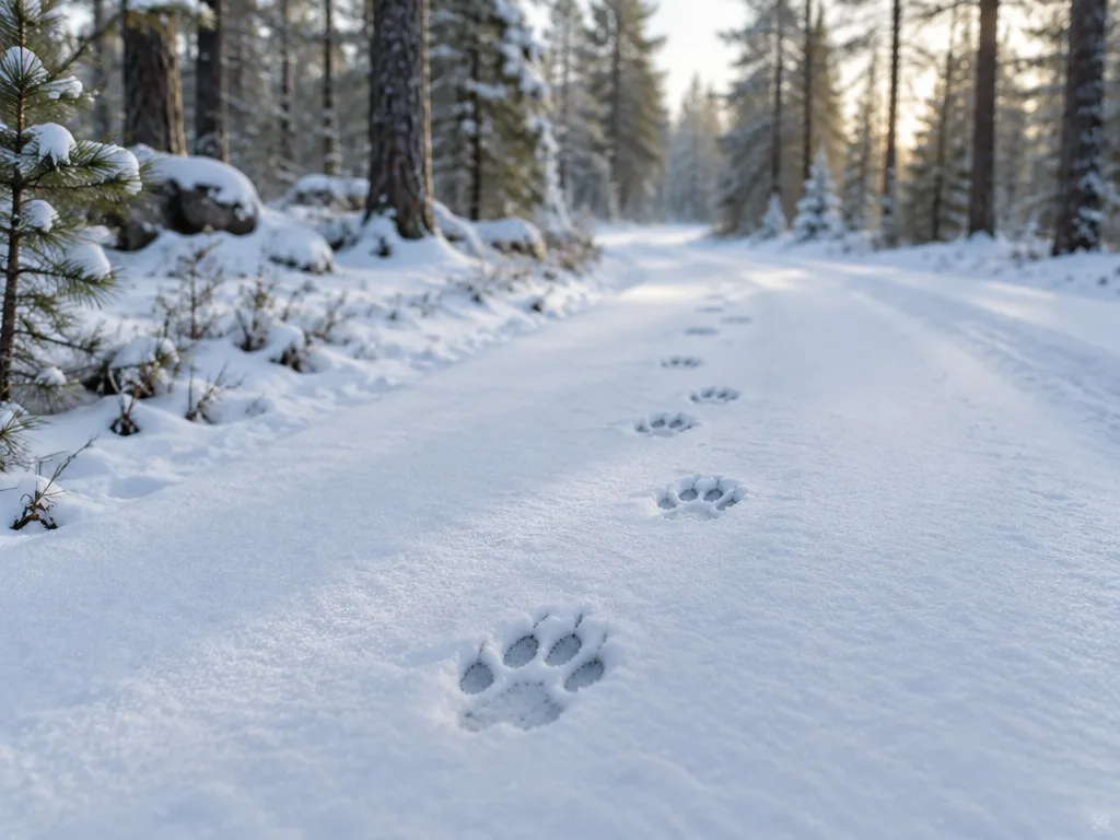 Vargspår i nysnö längs en skogsväg i snötäckt tallskog